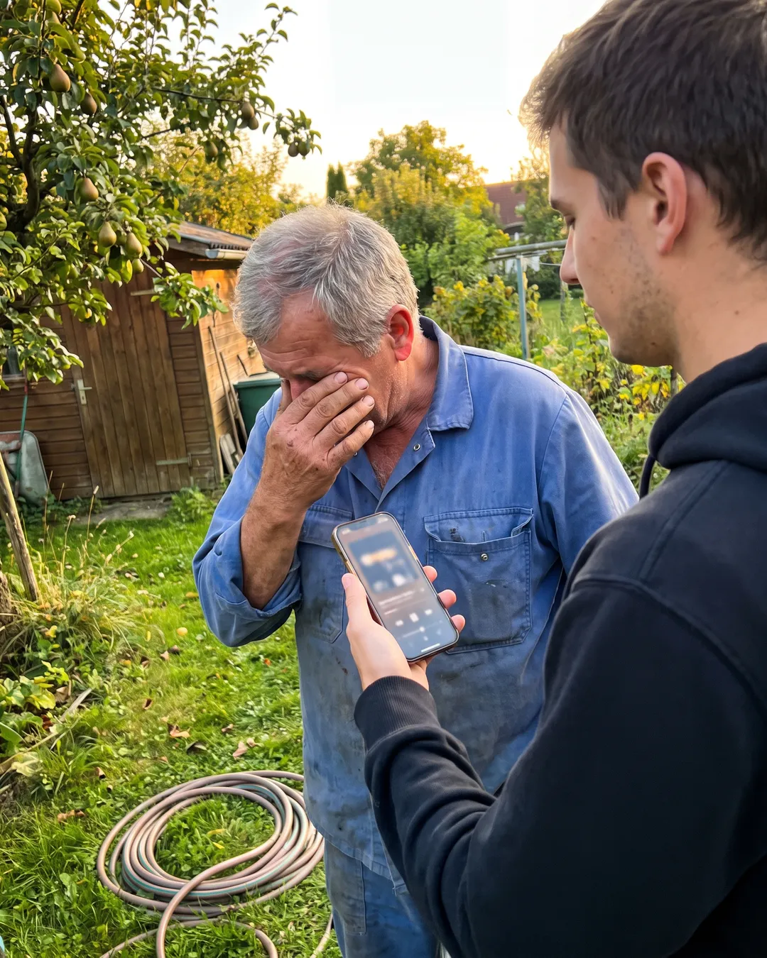 Papa im Garten dreht sich zur Seite und wischt sich übers Auge