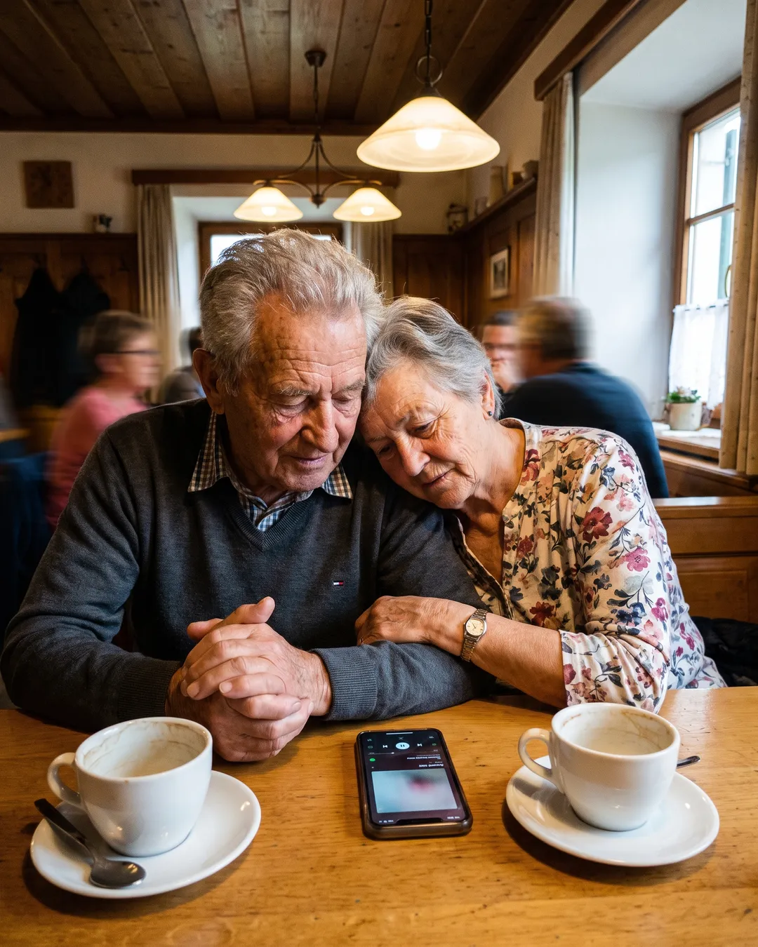 Älteres Paar Hand in Hand im Dorfwirtshaus